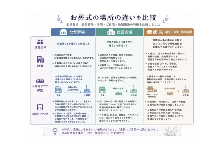 ※ここに図解を挿入 公営斎場、民営斎場、寺院・ご自宅・地域施設の違いを比較する図。 「運営主体」「設備」「火葬場までの移動」「確認したい点」を並べる構成が適しています。
